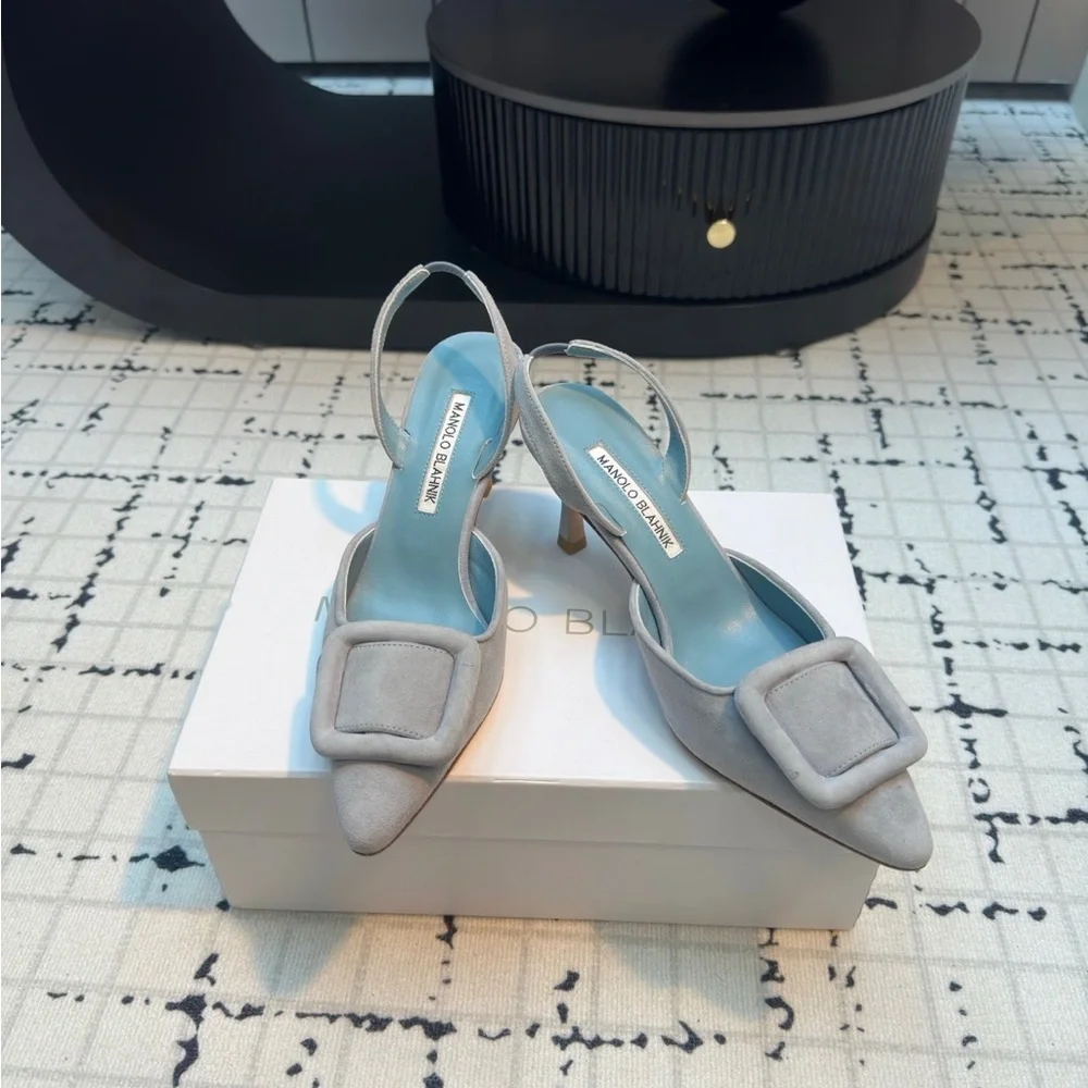 Manolo Blahnik Light Gray Suede Pointed Slingback Pumps with Buckle